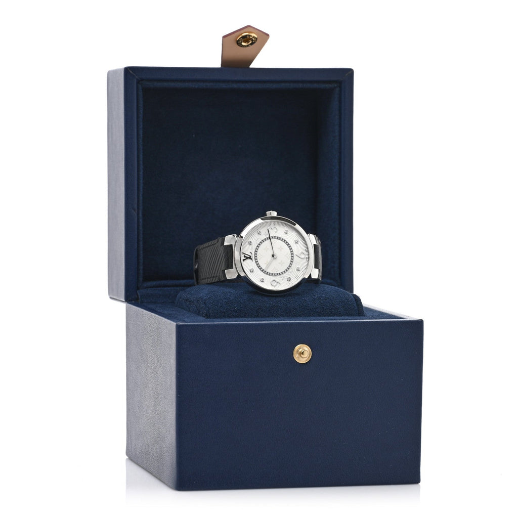 Louis Vuitton Stainless Steel Epi Diamond 33mm Tambour Slim Quartz Watch Black