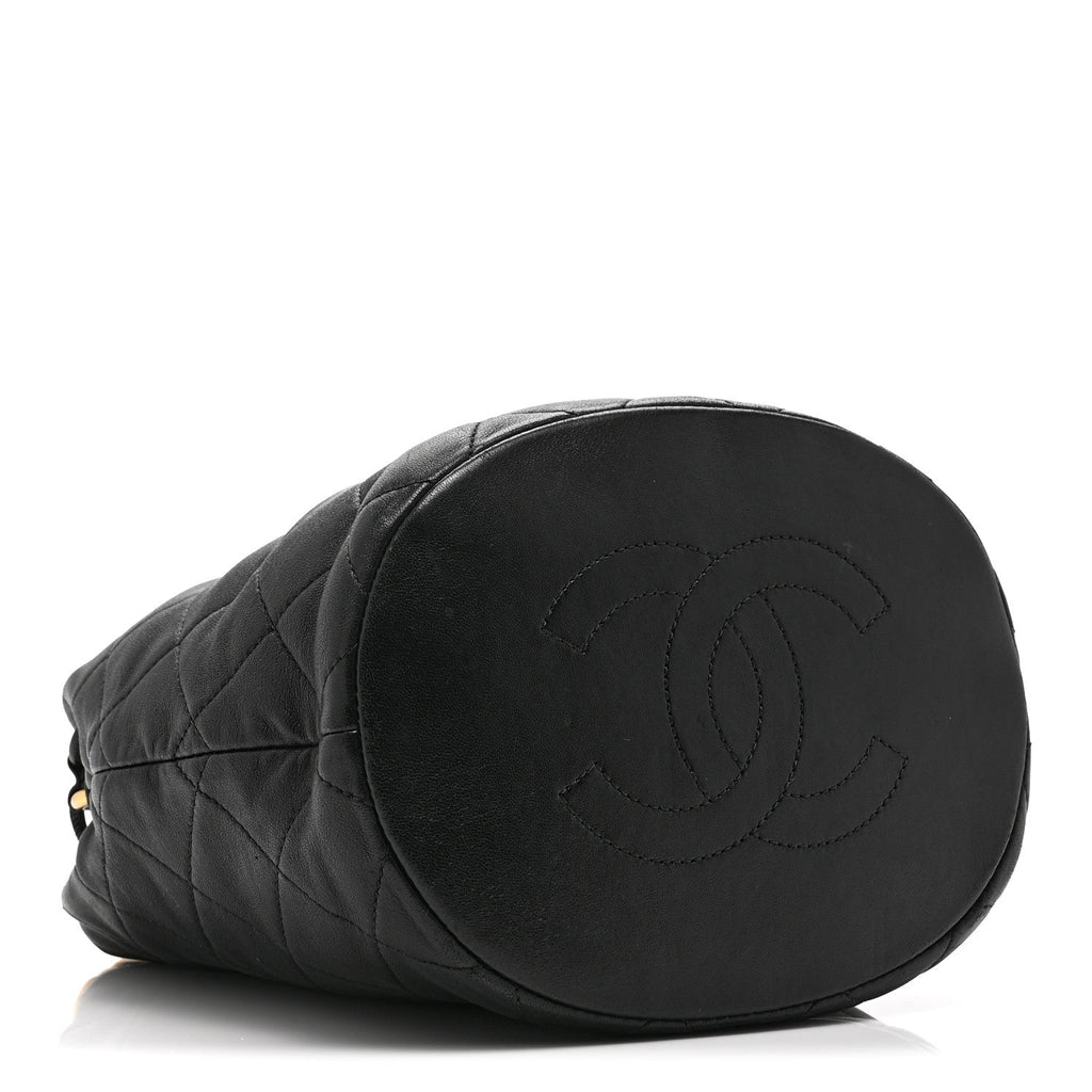 Chanel Shiny Lambskin Quilted Small Chain Is More Drawstring Bag Black