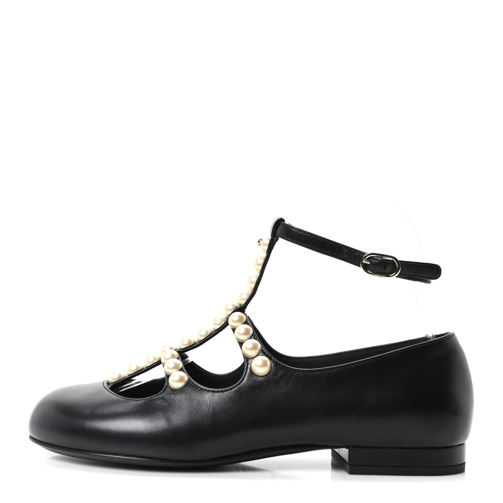 Goatskin Pearl Mary Janes Flats 35 Black