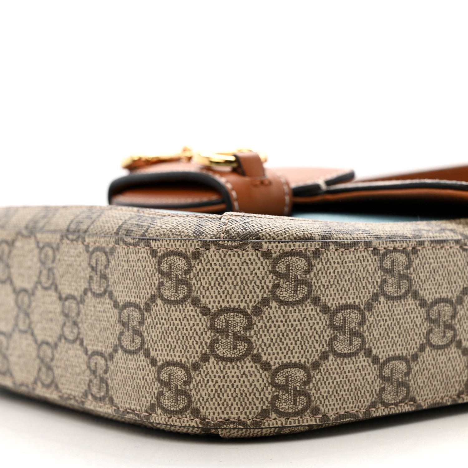 Gucci X DANS LE VERT Textured Dollar Calfskin GG Supreme Monogram Web Mini Horsebit 1955 Shoulder Bag Dusty Azure Beige Ebony