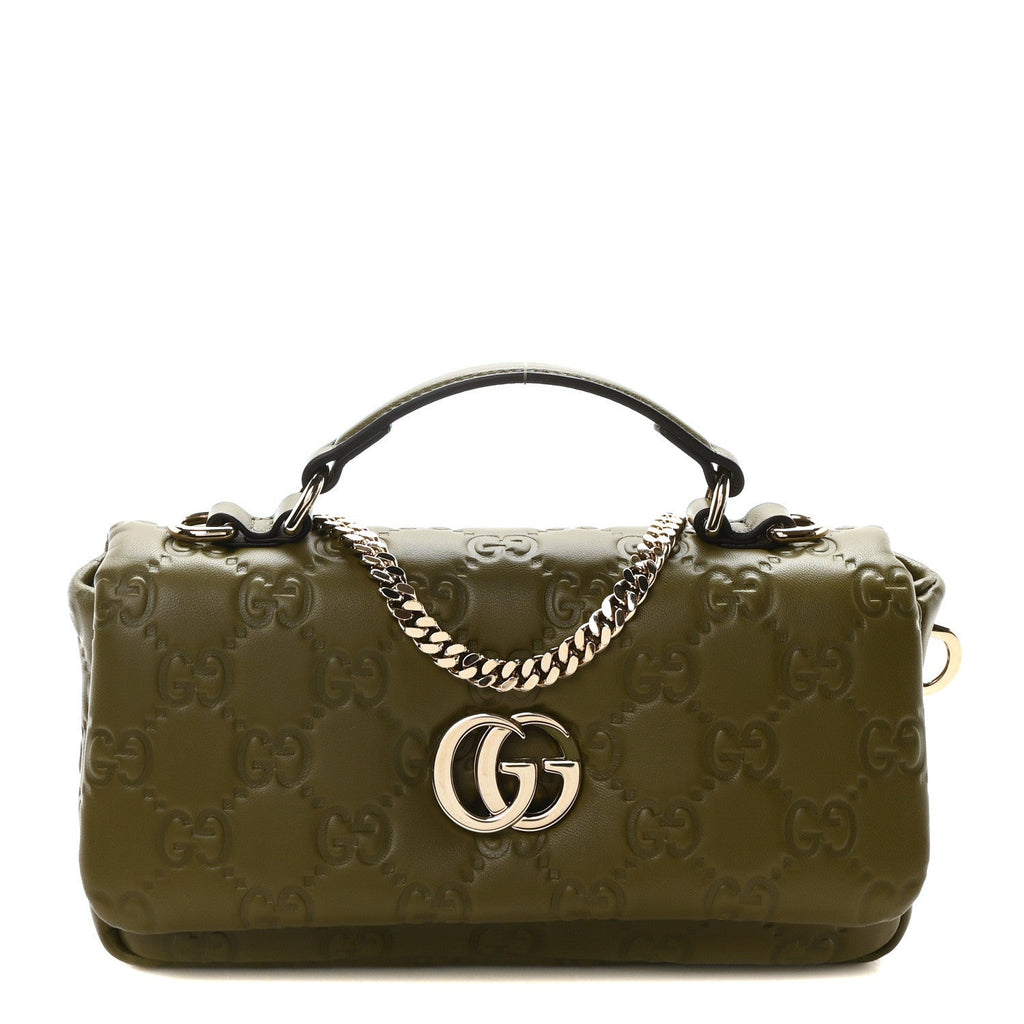 Gucci Lambskin Embossed Mini GG Milano Top Handle Shoulder Bag Green