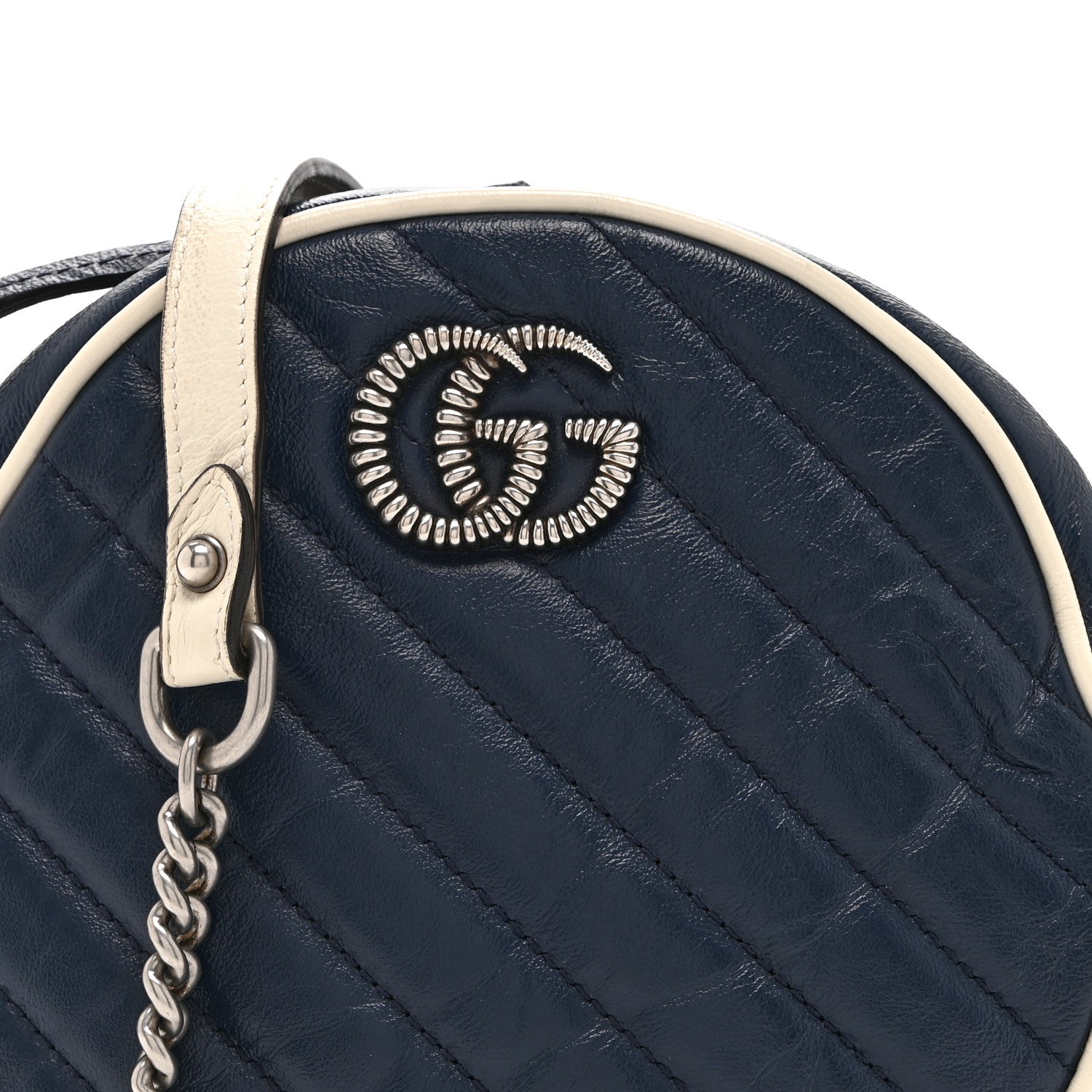 Gucci Azalea Calfskin Matelasse Diagonal Mini Torchon GG Marmont Round Shoulder Bag Blue Agata Mystic White