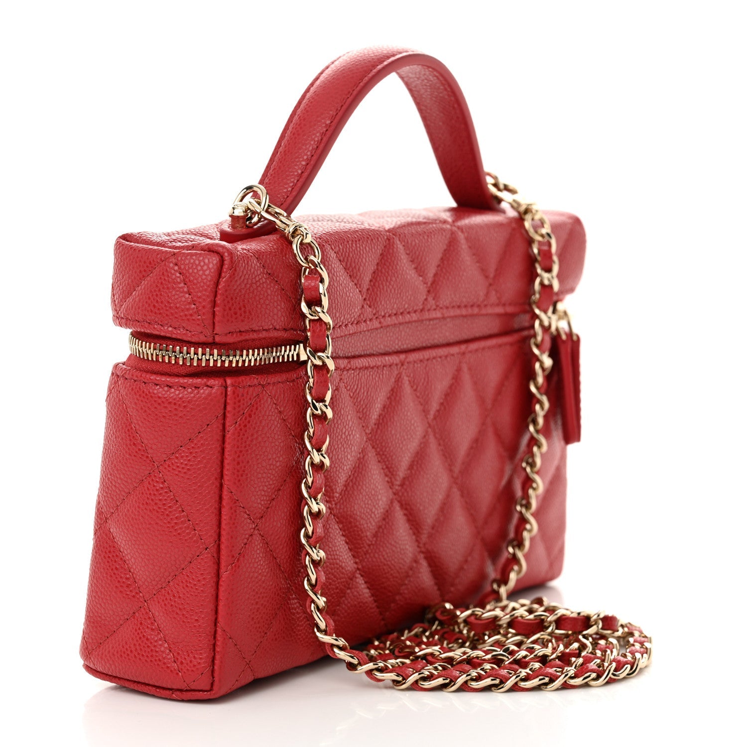 Chanel Caviar Quilted Top Handle Slim Vanity With Chain Red