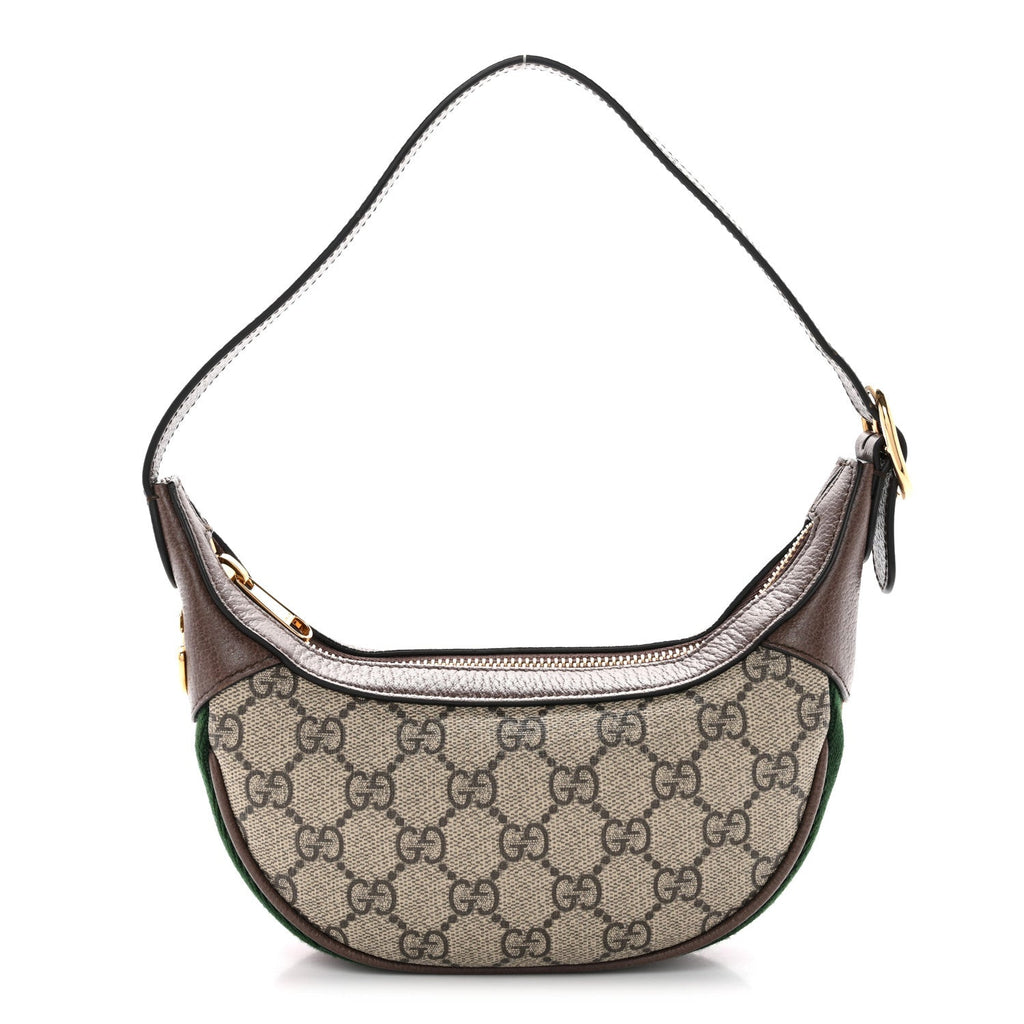 Gucci GG Supreme Monogram Textured Calfskin Web Mini Ophidia Half Moon Hobo Beige Ebony New Acero