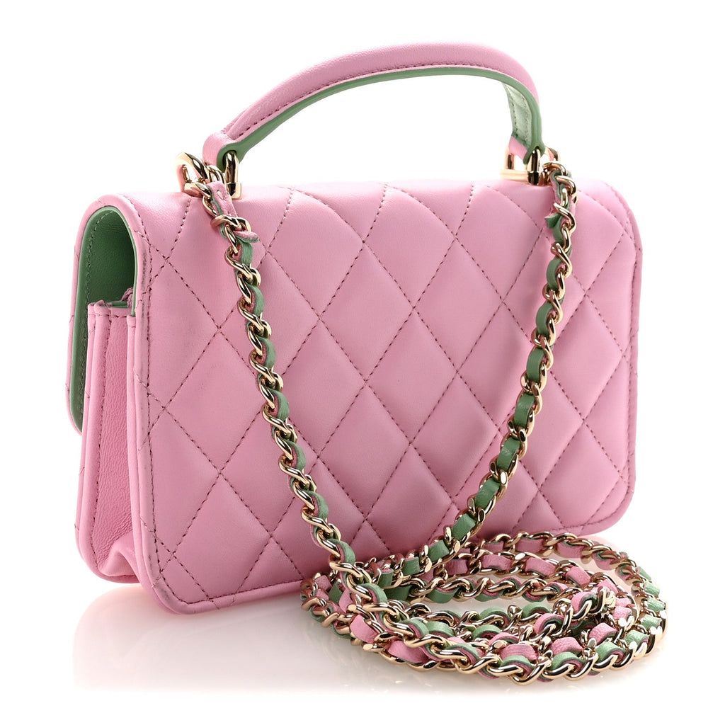 Chanel Lambskin Quilted Flap Phone Holder With Chain Lilac Light Green