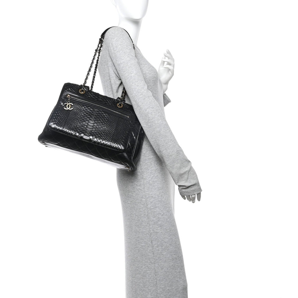 Chanel Snakeskin Glazed Calfskin Quilted Urban Mix Tote Black