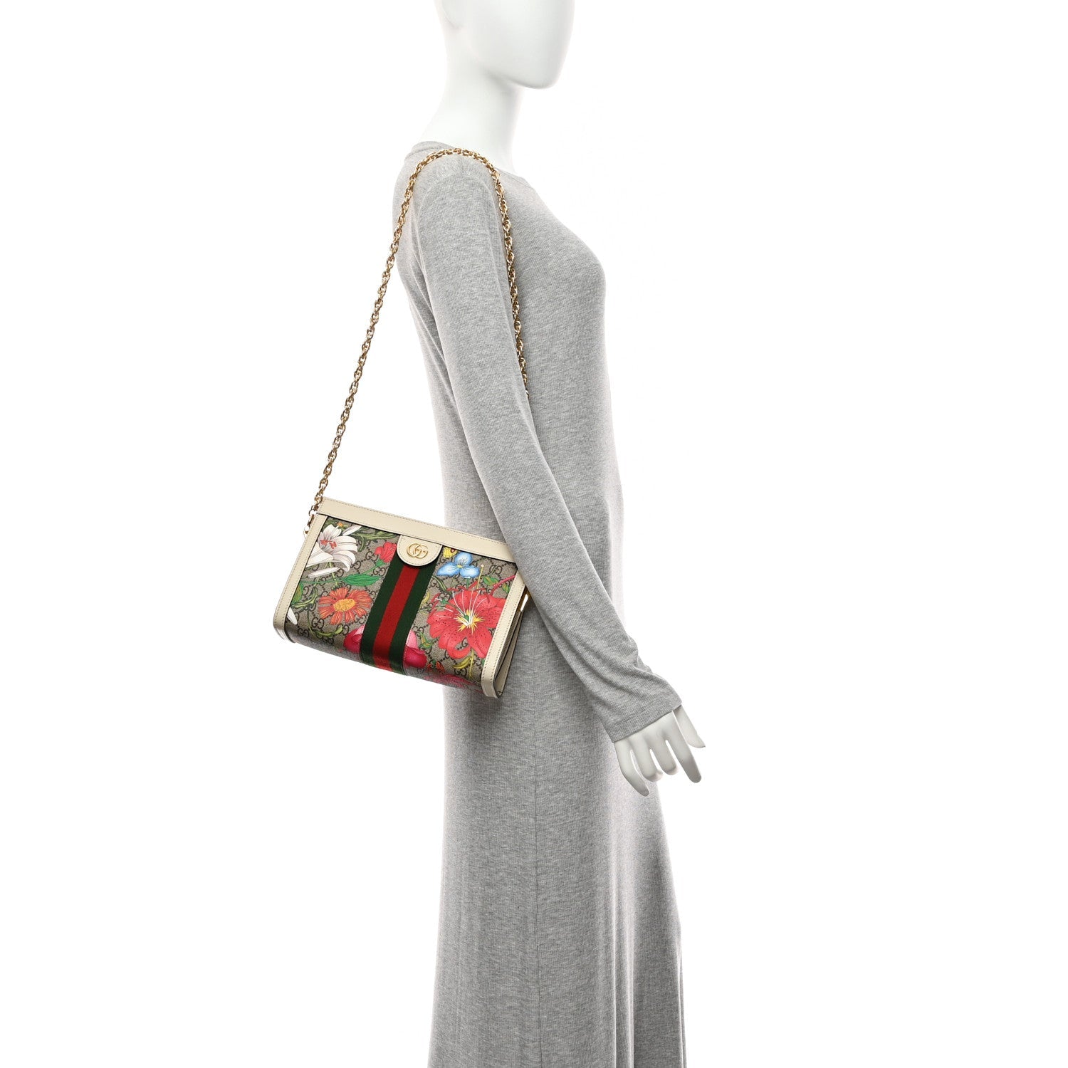 Gucci GG Supreme Monogram Flora Web Small Ophidia Chain Shoulder Bag White