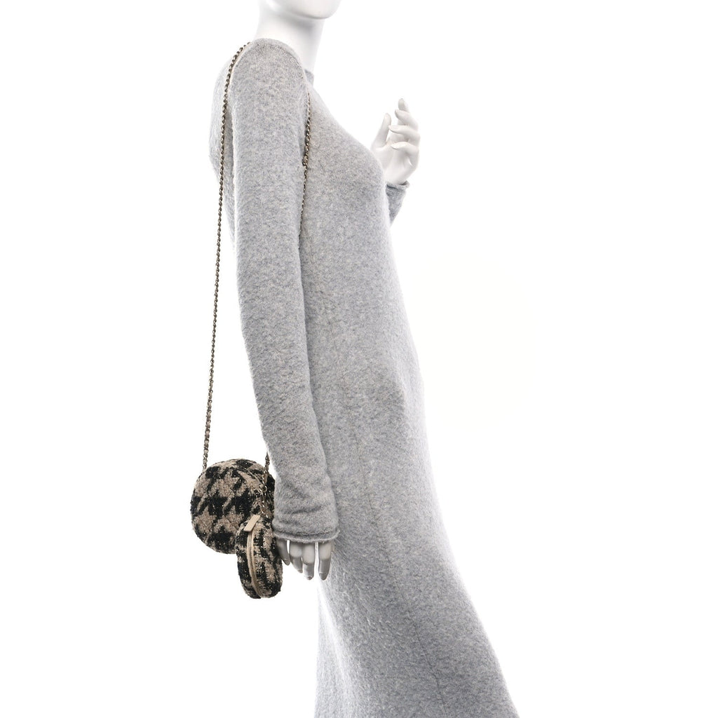 Chanel Tweed Shearling Round Clutch With Chain and Coin Purse Beige Black
