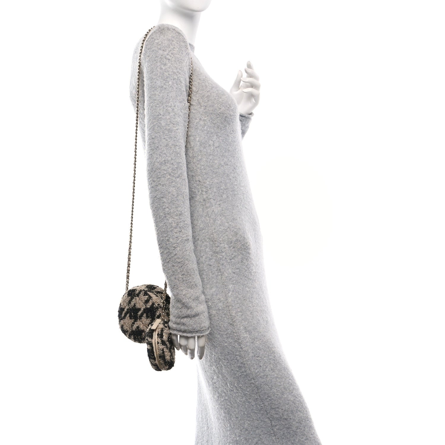 Chanel Tweed Shearling Round Clutch With Chain and Coin Purse Beige Black