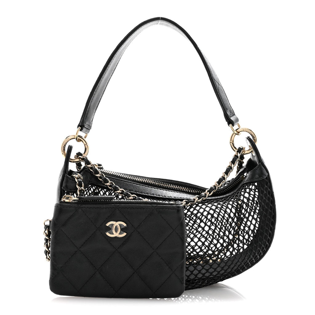 Chanel Mesh Shiny Lambskin Chain Hobo Black