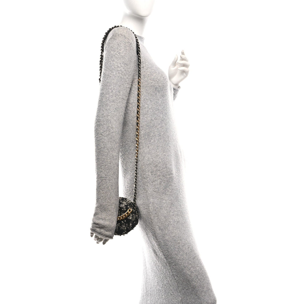 Chanel Tweed Quilted 19 Round Clutch With Chain Black White