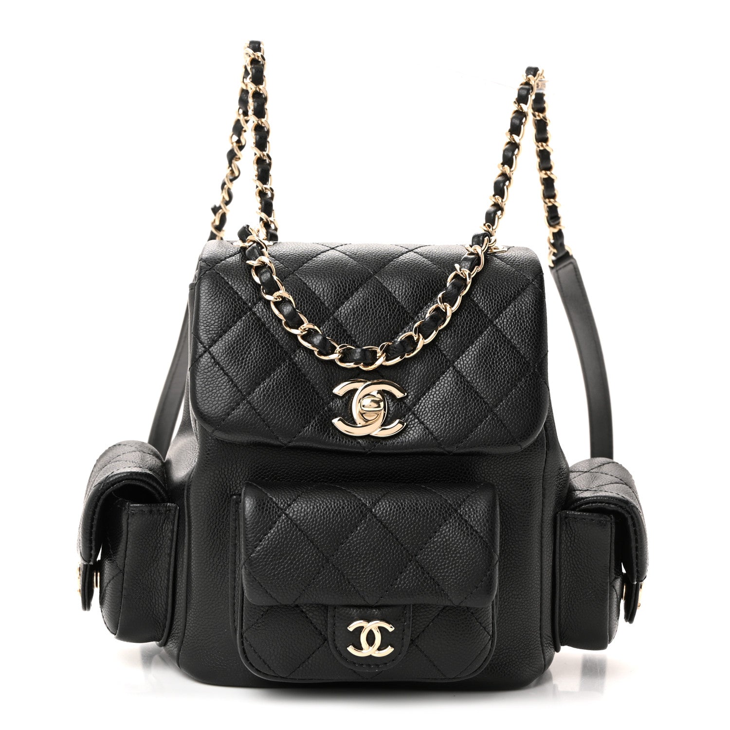 Chanel Shiny Caviar Quilted Small Duma Pockets Drawstring Backpack Black