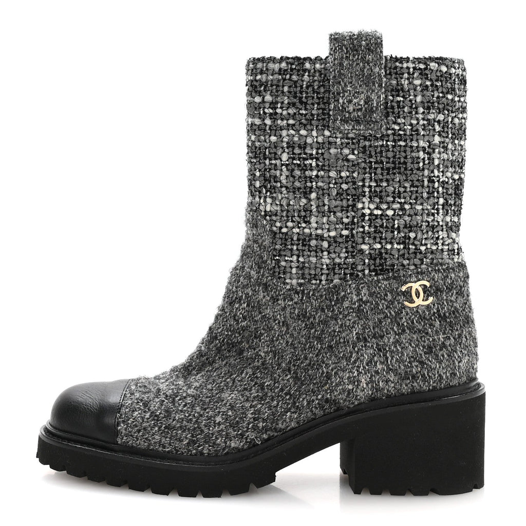 Chanel Wool Tweed CC Cap Toe Ankle Boots 38.5 Black Grey