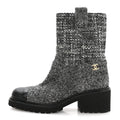 Chanel Wool Tweed CC Cap Toe Ankle Boots 38.5 Black Grey