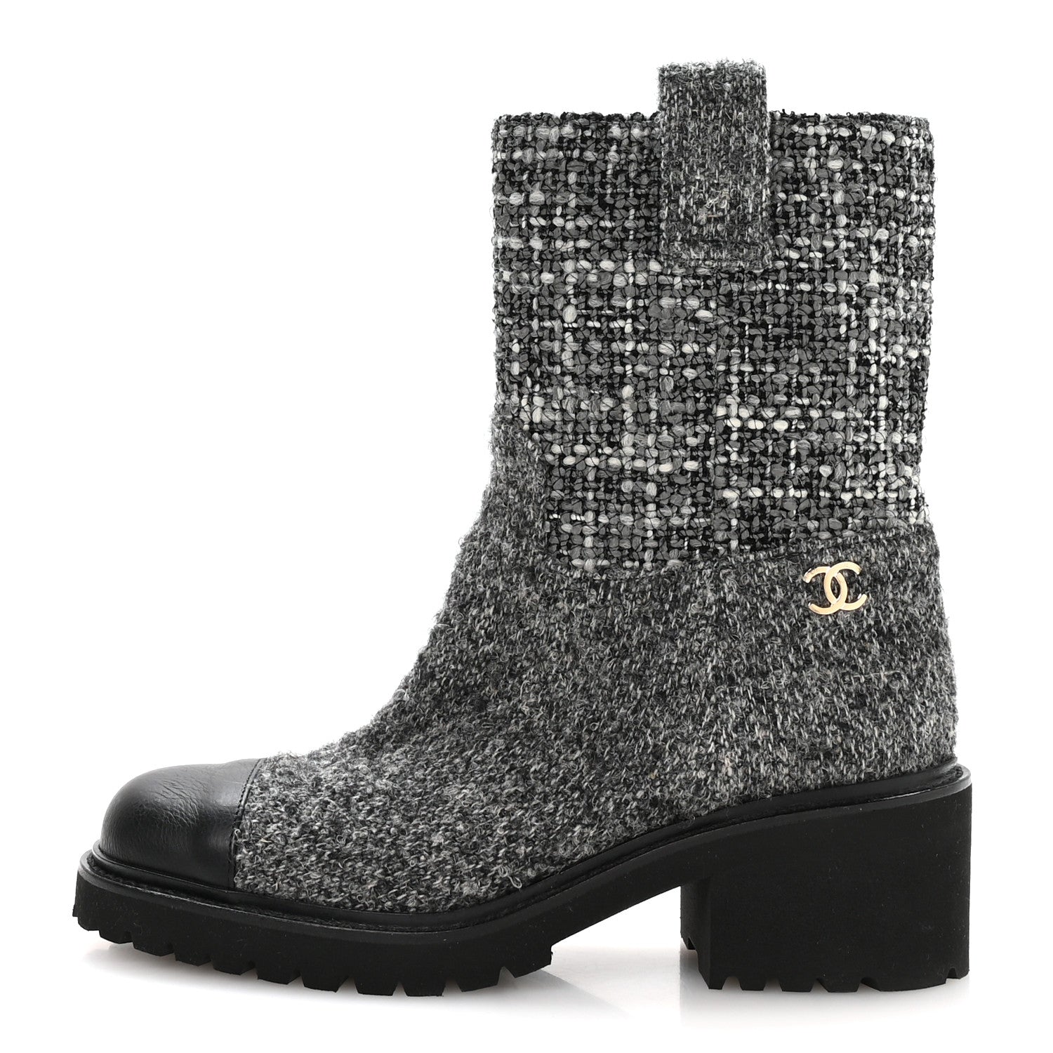 Chanel Wool Tweed CC Cap Toe Ankle Boots 38.5 Black Grey