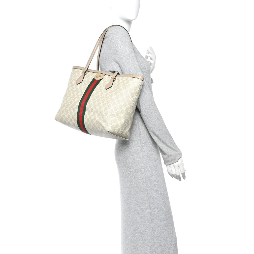 Gucci GG Supreme Monogram Textured Dollar Calfskin Web Medium Ophidia Shopping Tote Beige Mystic White Oatmeal