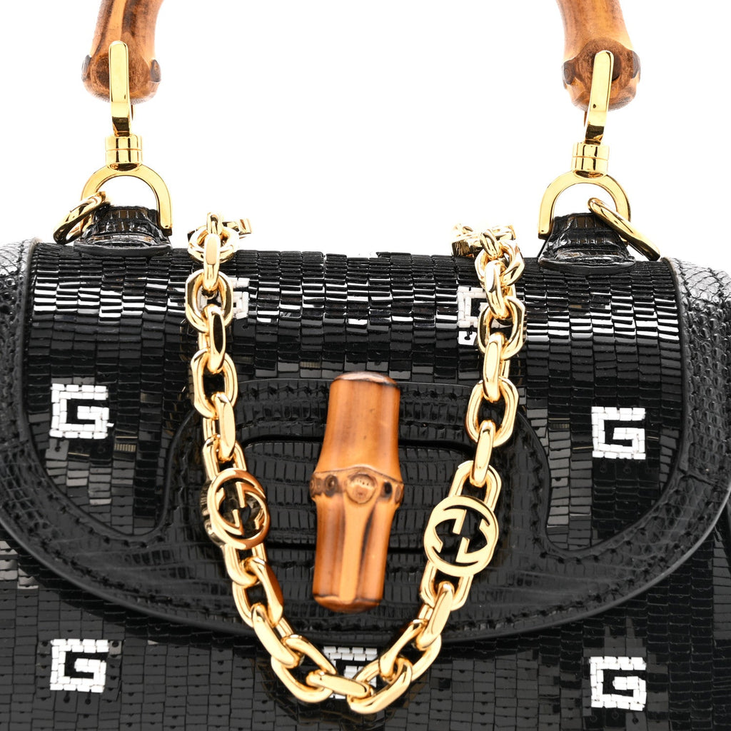 Gucci Sequin Lizard Embossed GG Mini Bamboo 1947 Top Handle Chain Bag Black White