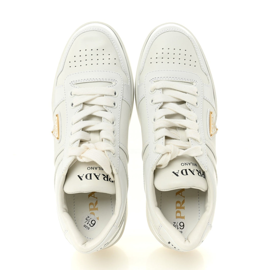 Prada Vitello Rois Triangle Womens Downtown Platform Low Top Sneakers 37 White