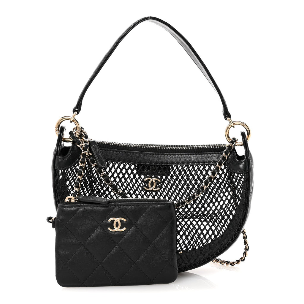 Chanel Mesh Shiny Lambskin Chain Hobo Black