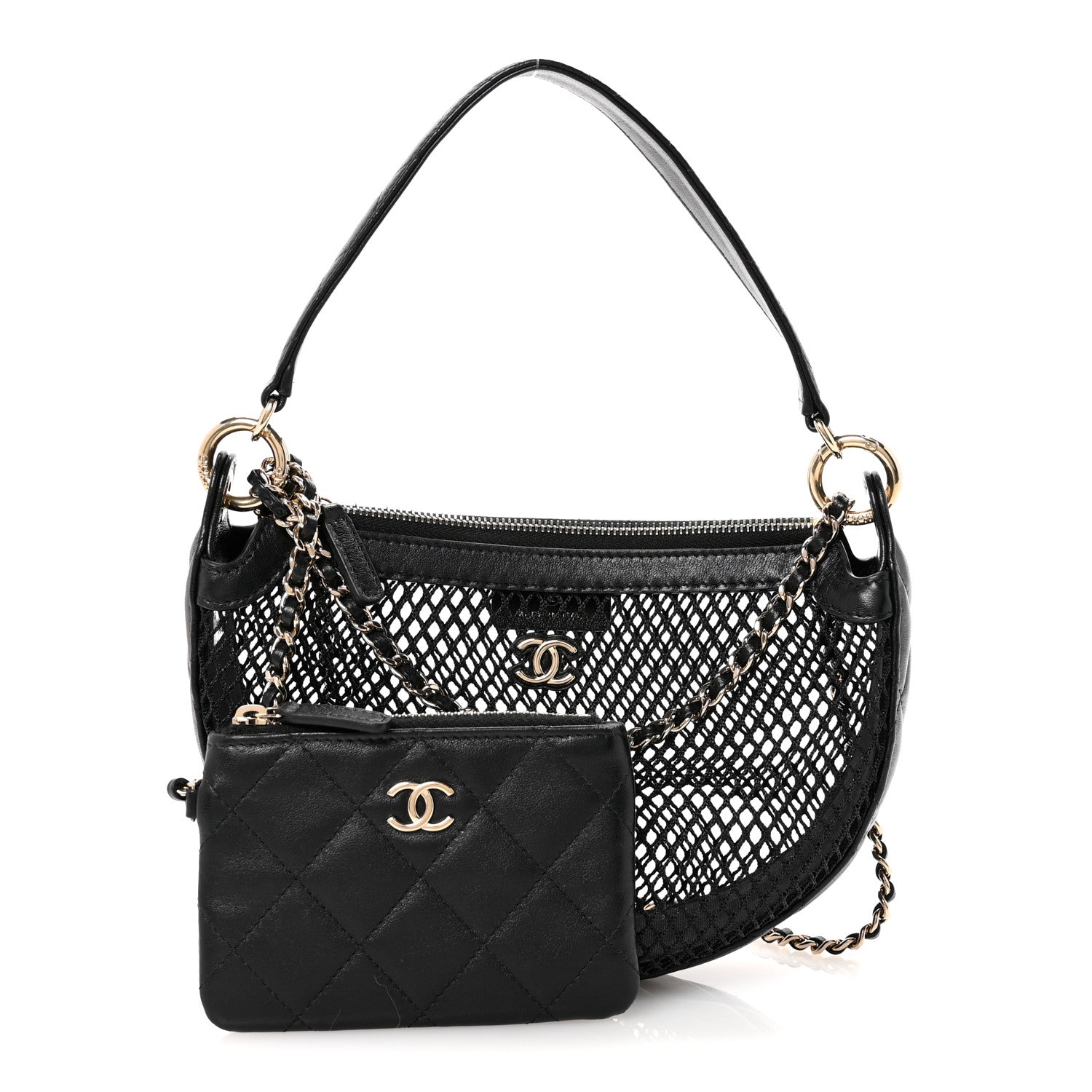 Chanel Mesh Shiny Lambskin Chain Hobo Black