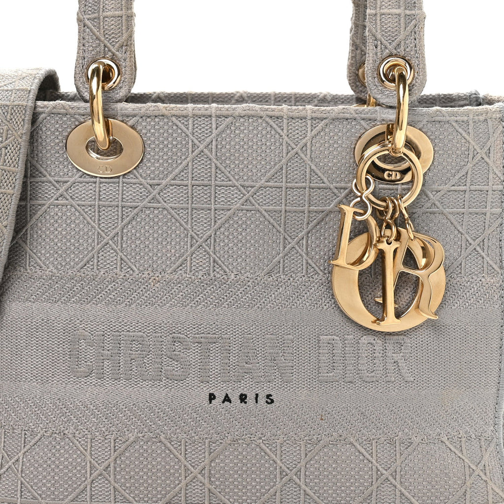 Christian Dior Canvas Embroidered Cannage Medium Lady D-Lite Gray