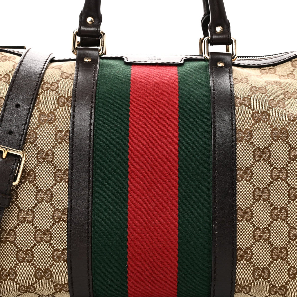 Gucci Monogram Selleria Calfskin Vintage Web Medium Boston Beige Ebony Cocoa