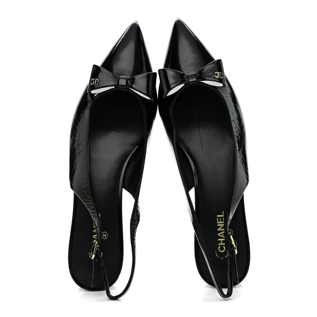 Crumpled Patent Calfskin CC Bow Slingback Pumps 38.5 Black
