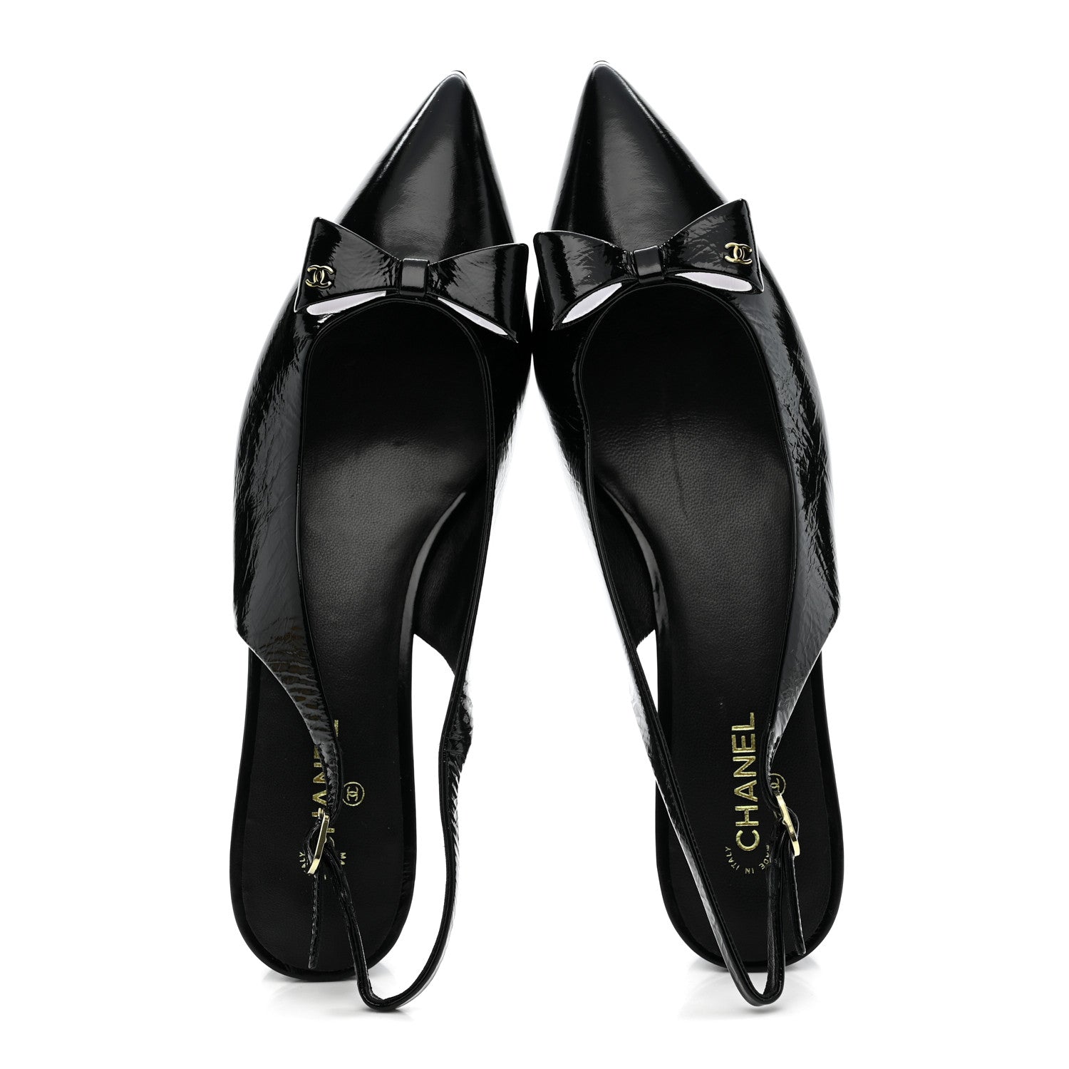 Crumpled Patent Calfskin CC Bow Slingback Pumps 38.5 Black