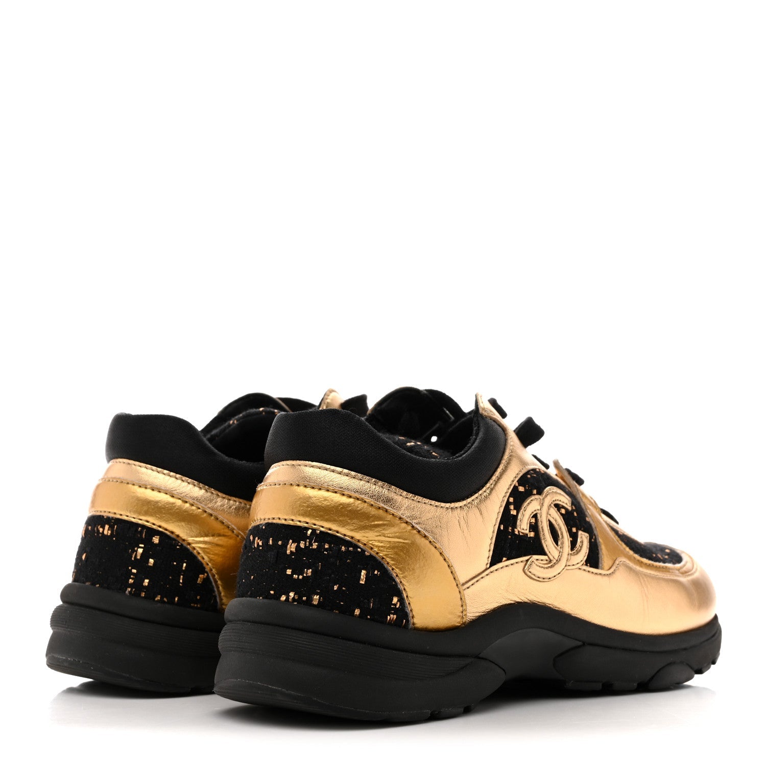 Satin Lambskin Fabric Tweed CC Sneakers 36.5 Gold Black