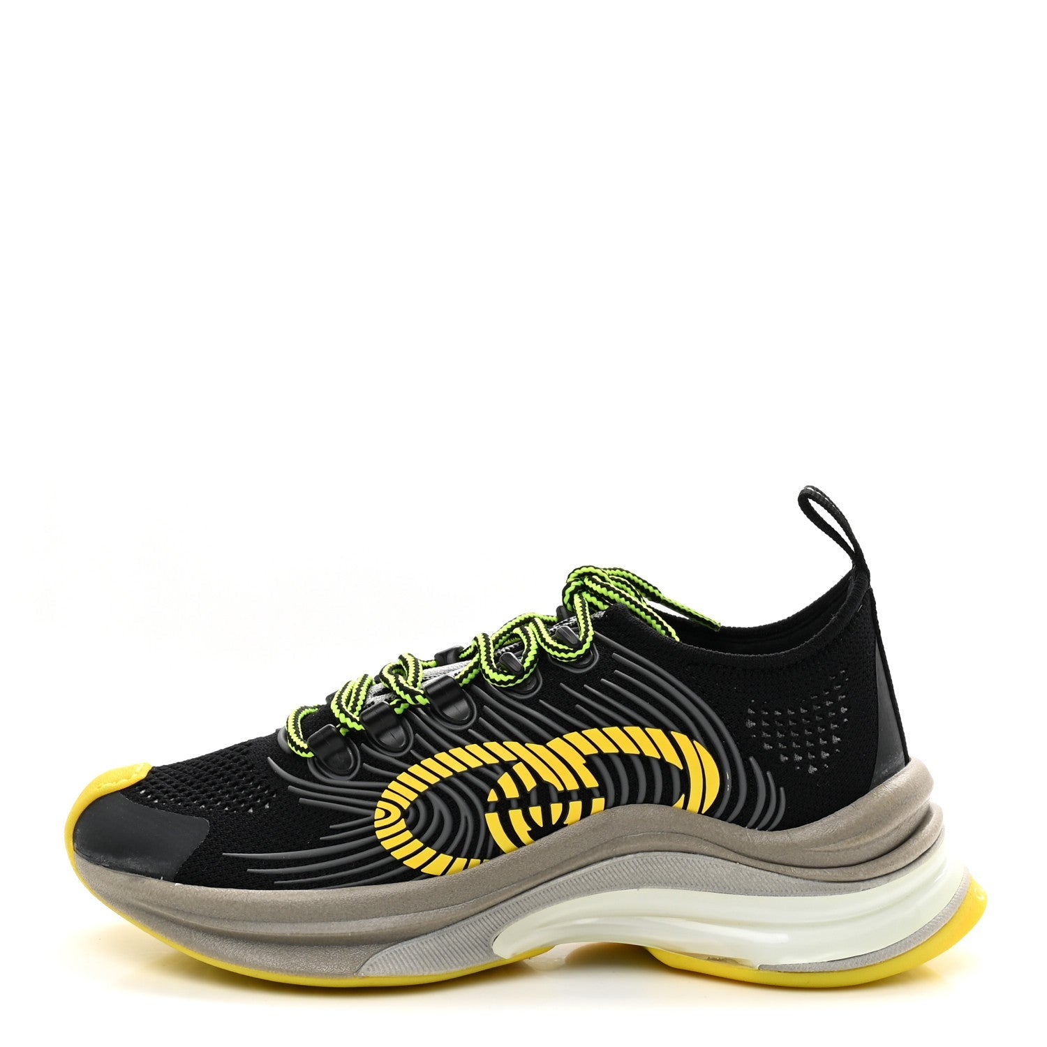 Gucci Technical Knit Fabric Waves Womens Gucci Run Sneakers 35.5 Black Silver Giallo Neon Yellow