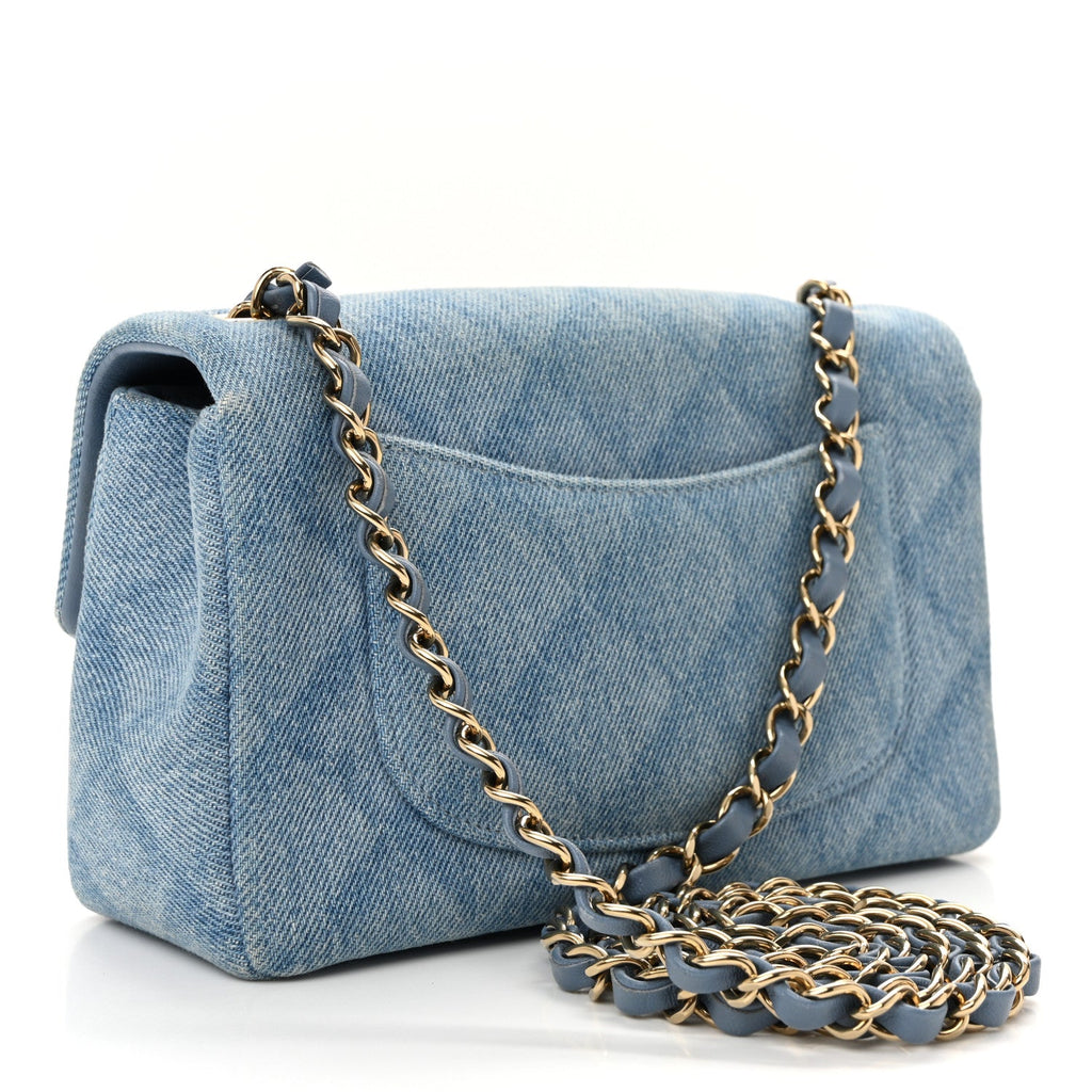 Chanel Printed Denim Quilted Mini Rectangular Flap Light Blue