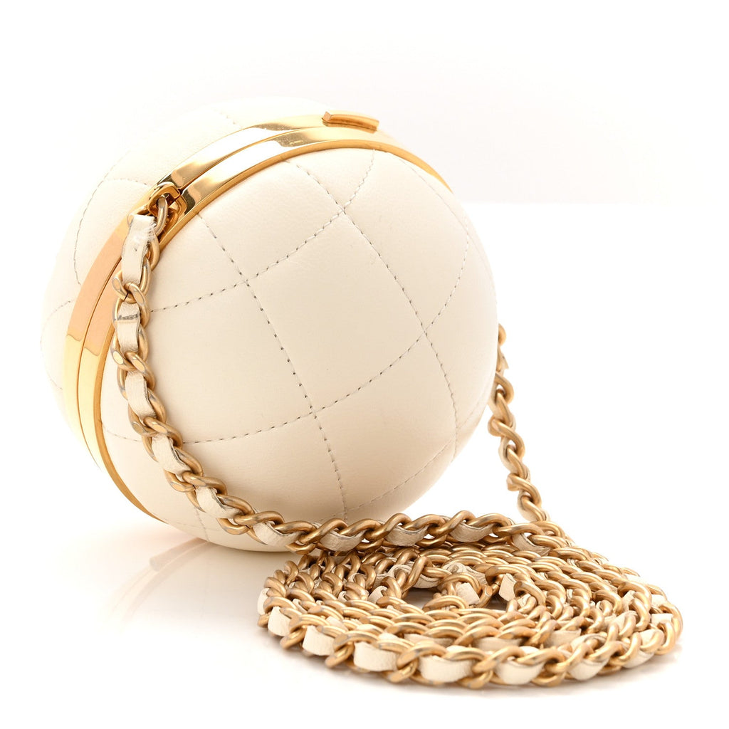 Chanel Lambskin Quilted Sphere Minaudiere Chain Clutch White