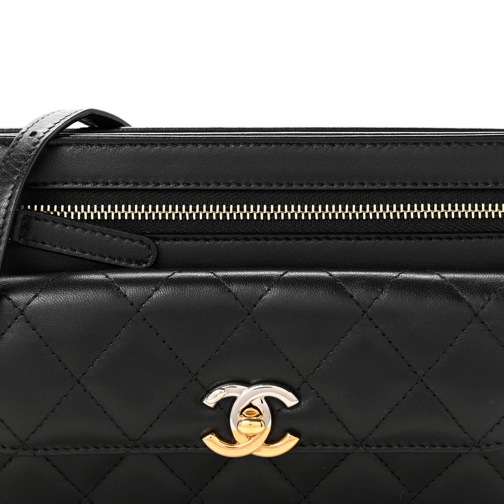 Chanel Lambskin Quilted Front Pocket Clutch With Chain Black