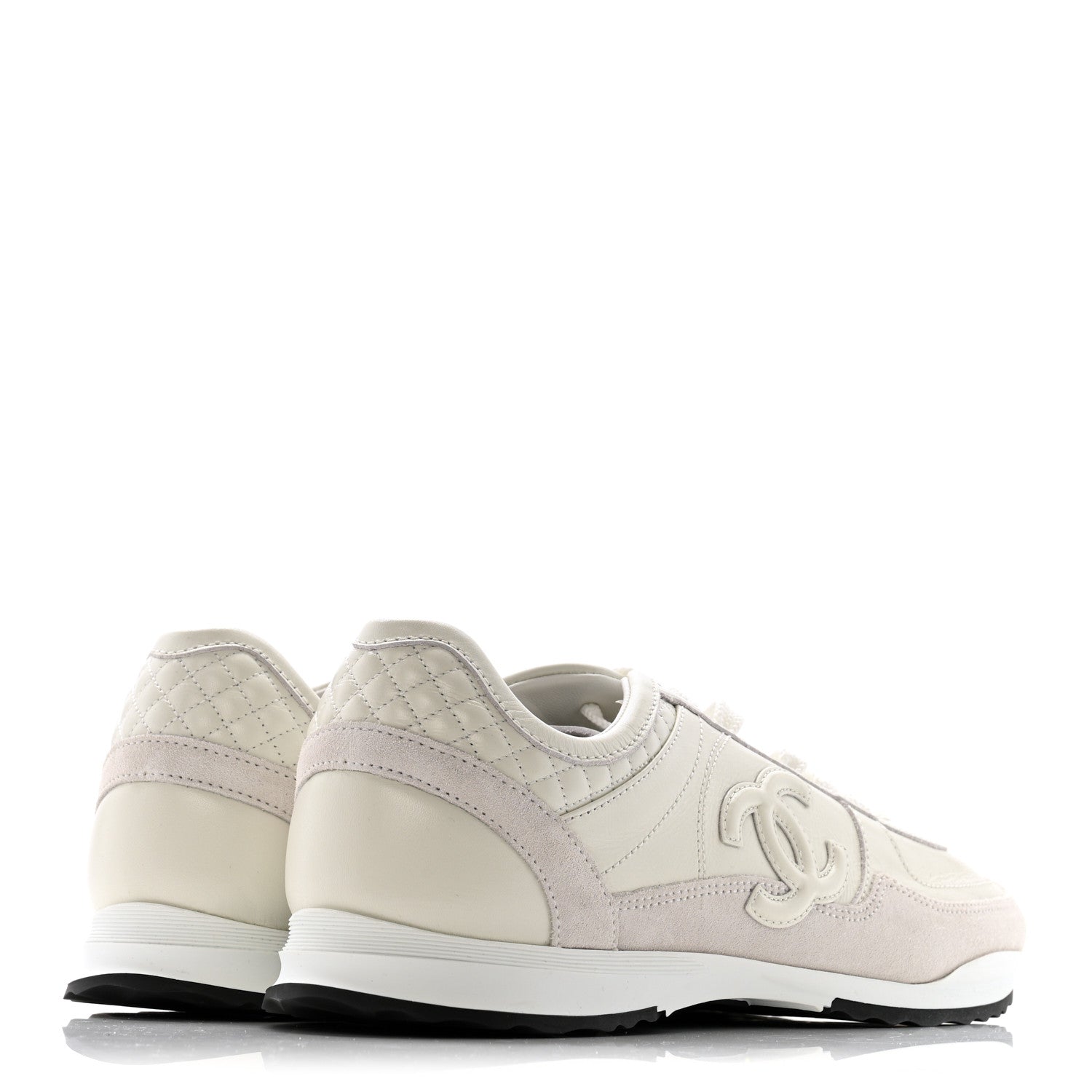 Chanel Suede Calfskin Quilted CC Sneakers 38.5 White Black