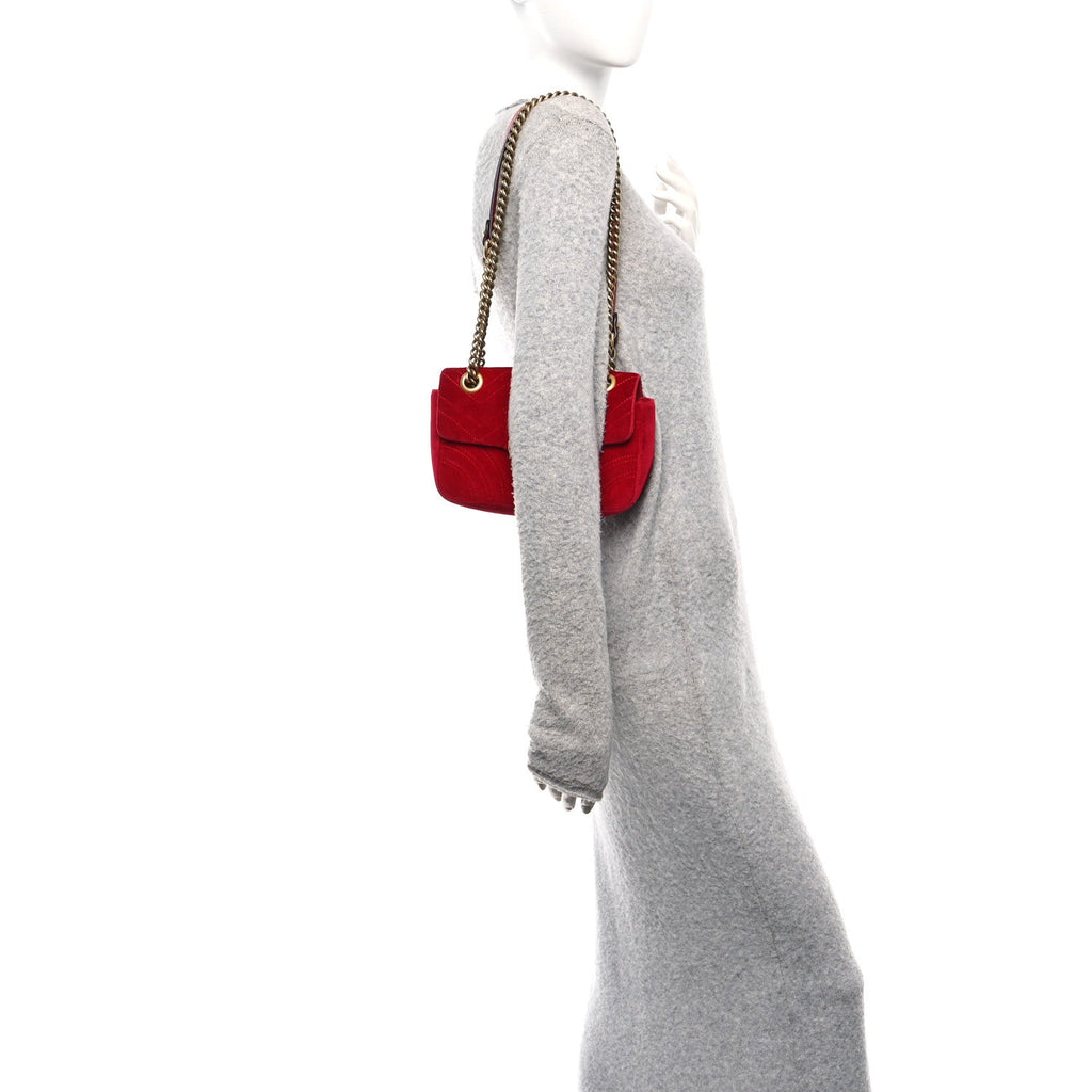 Gucci Velvet Matelasse Mini GG Marmont Shoulder Bag Hibiscus Red