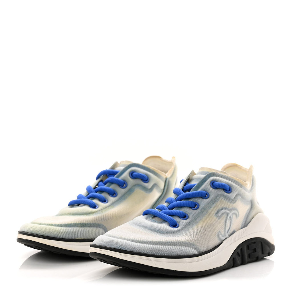 Calfskin Mesh Lyrca Womens Logo Sneakers 36 White Blue