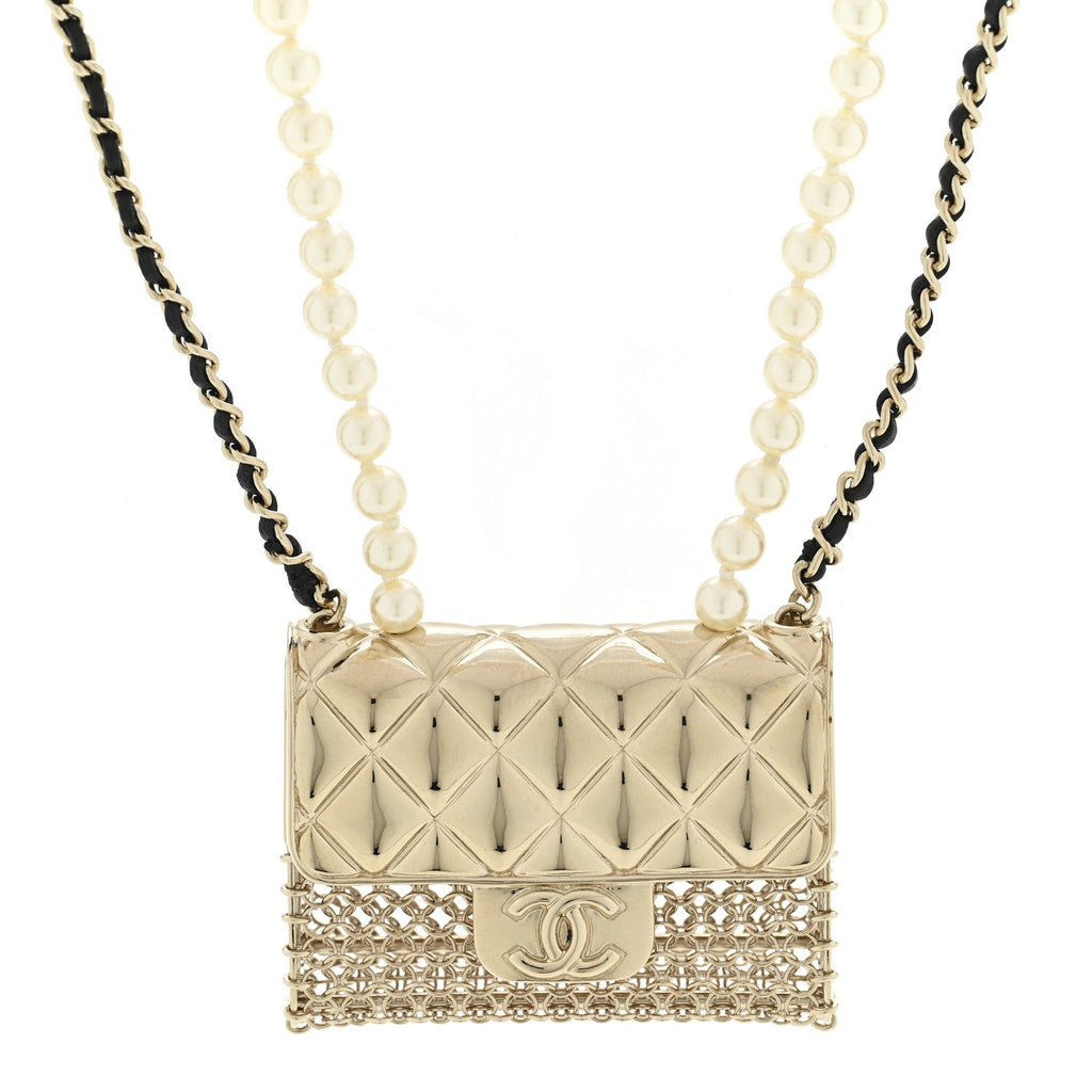 Metal Lambskin Pearl Chain Flap Bag Long Necklace Gold Black Pearly White