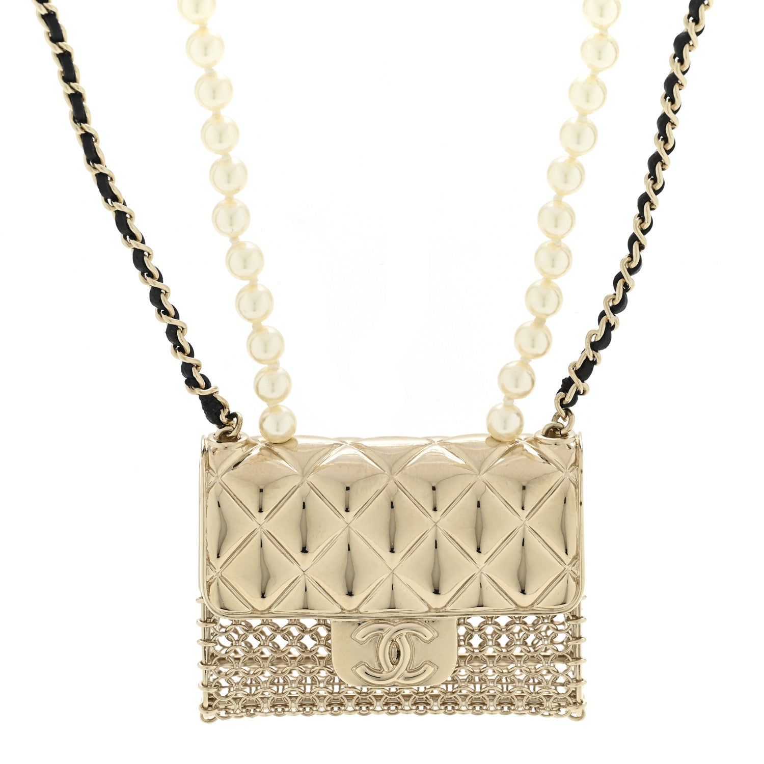 Metal Lambskin Pearl Chain Flap Bag Long Necklace Gold Black Pearly White