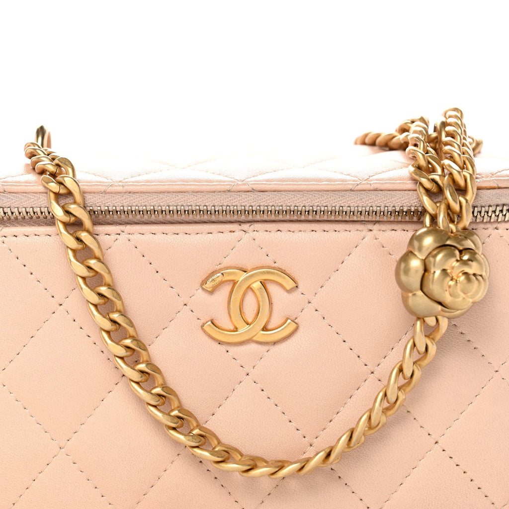 Chanel Lambskin Quilted Sweet Camellia Small Vanity Case With Chain Pink