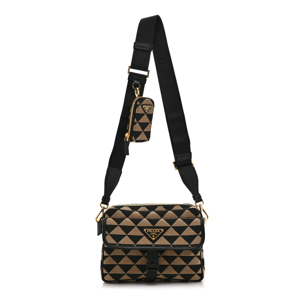 Prada Jacquard Saffiano Triangolo Symbole Embroidered Pocket Single Snap Buckle Messenger Flap Bag  Black Corda
