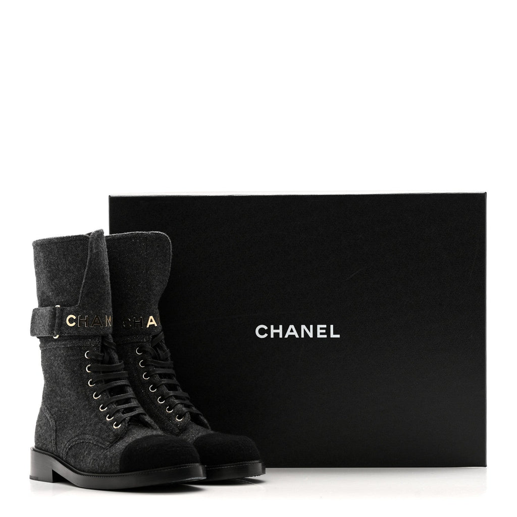 Chanel Tweed Lace Up Combat Boots 37.5 Dark Grey Black