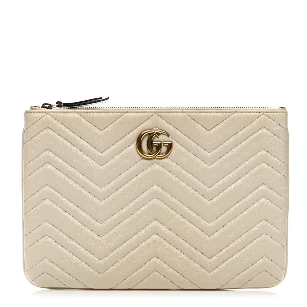Gucci Calfskin Matelasse Chevron Heart GG Marmont Clutch Mystic White