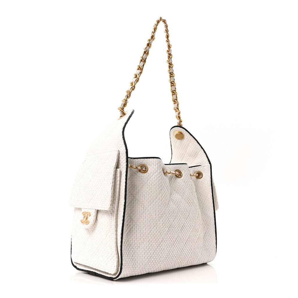 Chanel Braided Raffia Calfskin Quilted Small Chanel 25 Handbag White Black