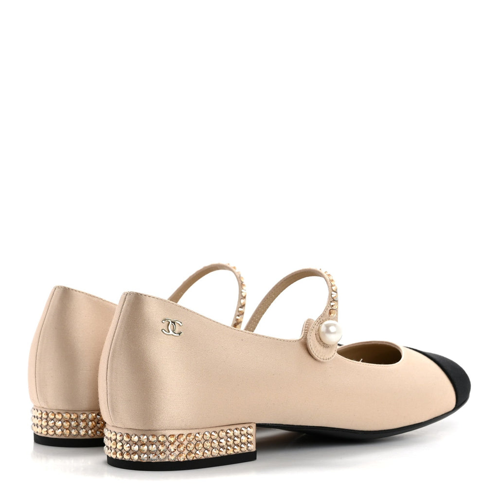 Chanel Strass Satin Grosgrain Mary Jane Flats 38.5 Beige Black
