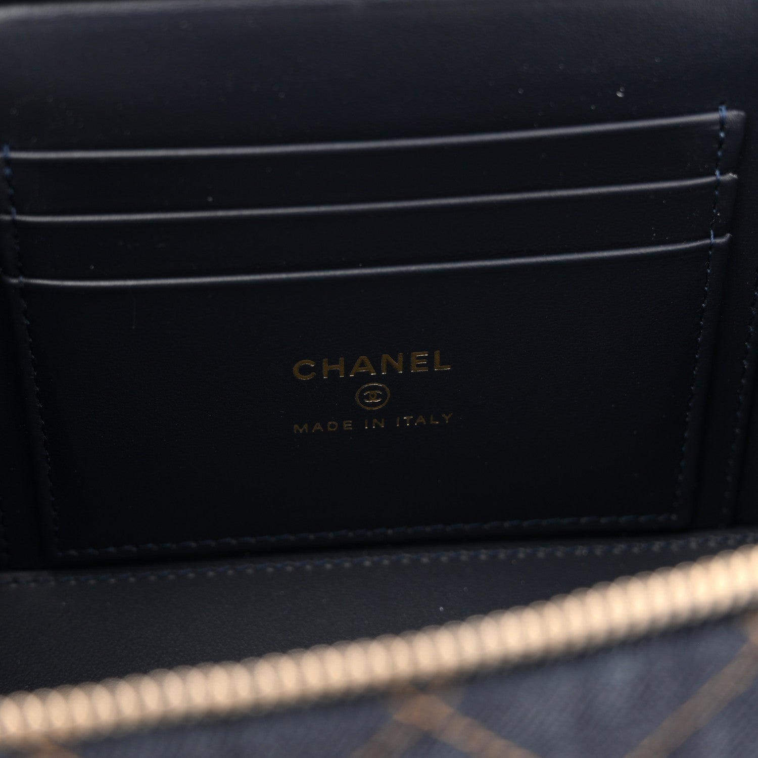 Chanel Denim Quilted Vanity Case With Chain Dark Blue