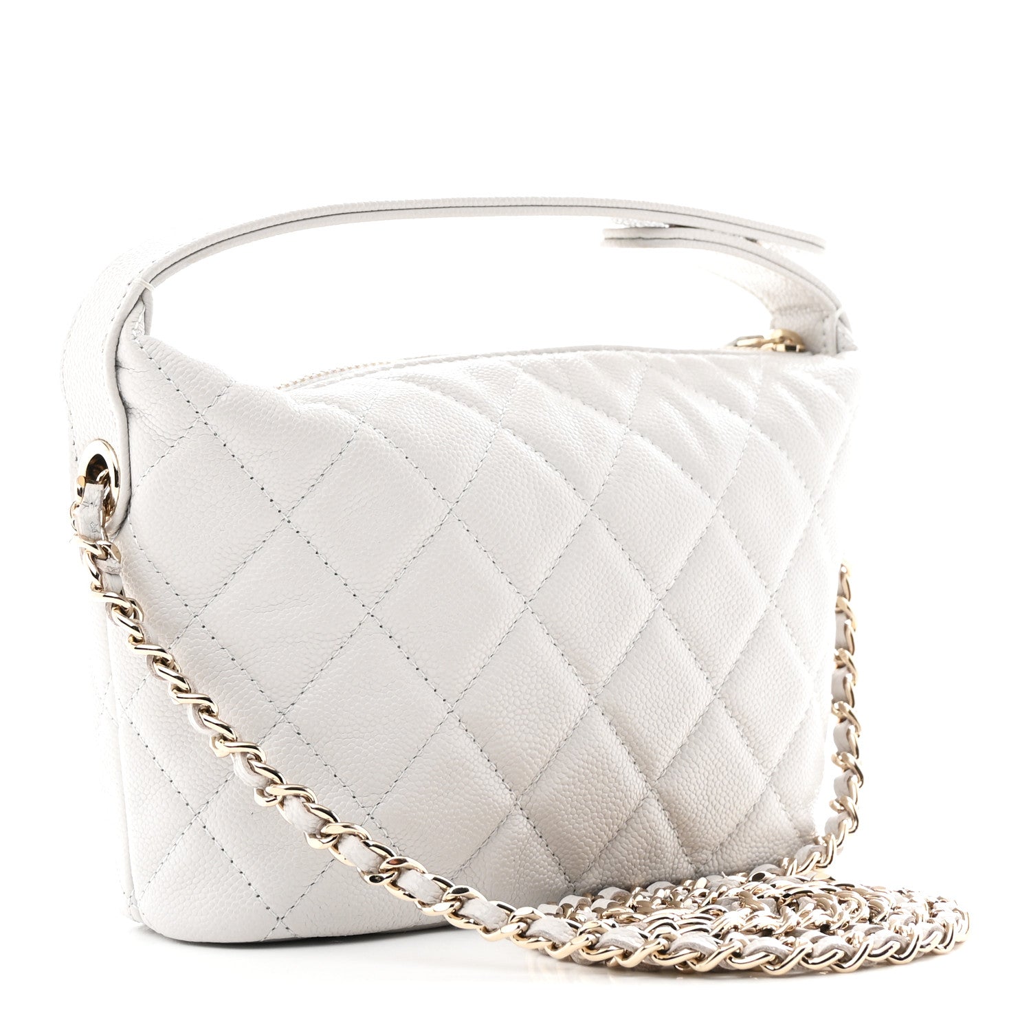 Chanel Shiny Caviar Quilted Hobo Clutch With Chain Light Grey