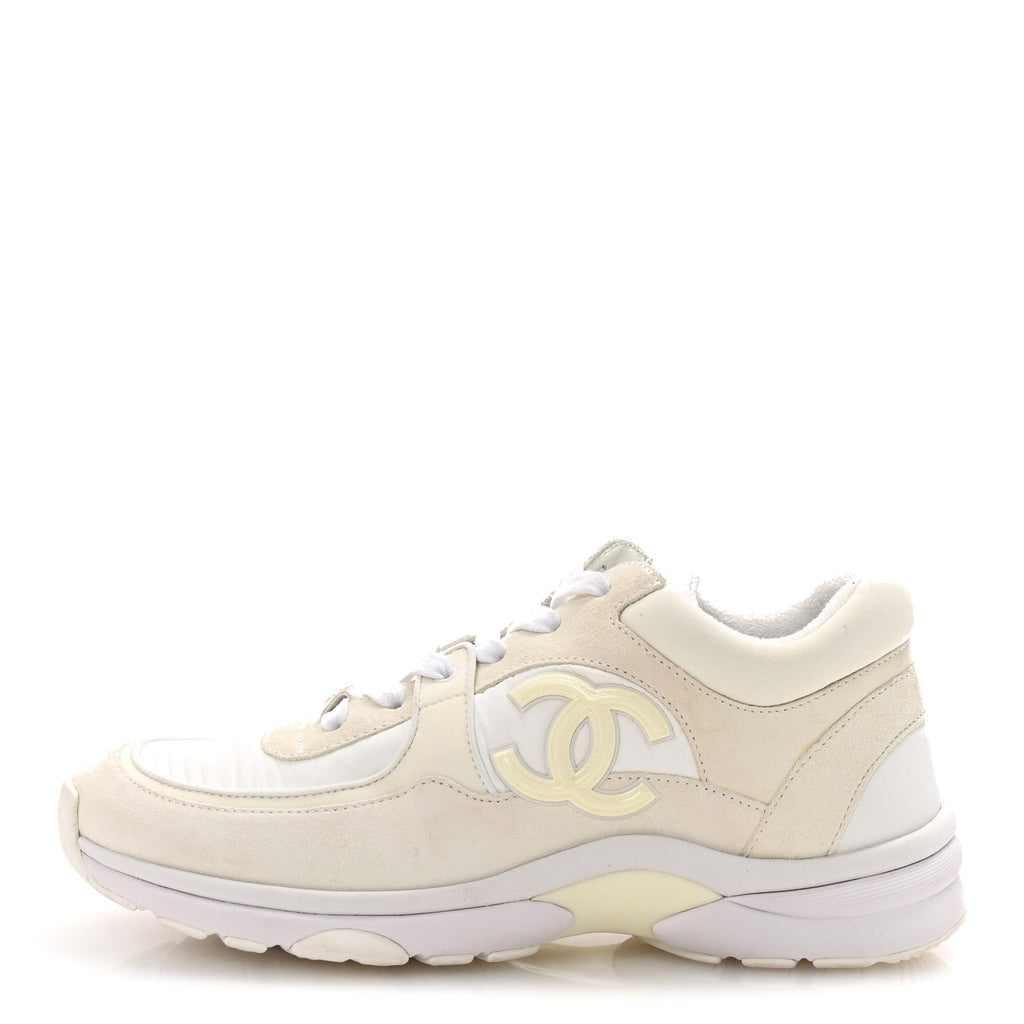 Chanel Suede Calfskin Fabric CC Sneakers 38 White