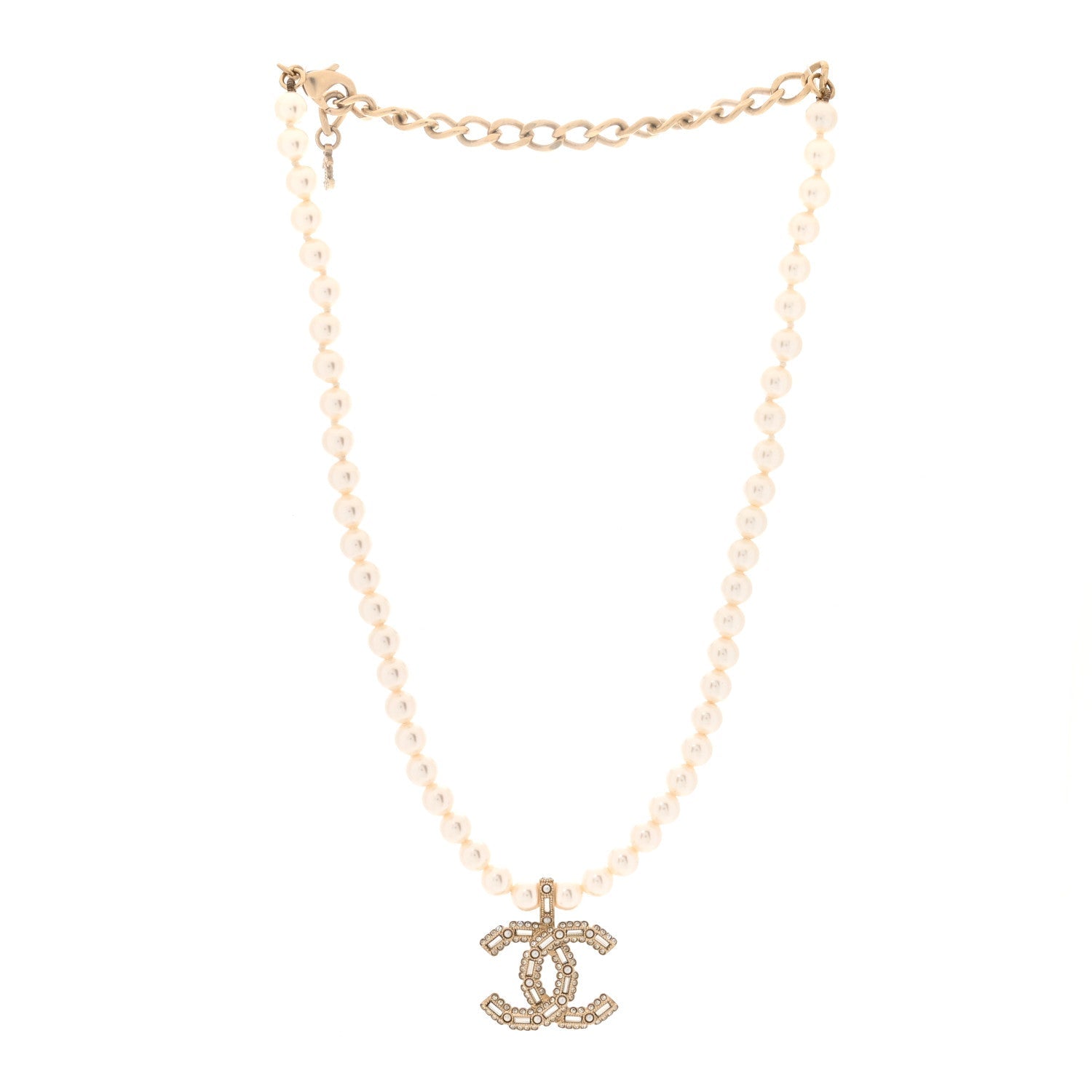 Pearl Crystal Baguette CC Short Necklace Gold