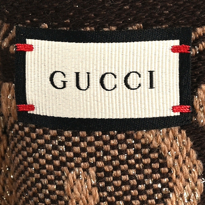 Gucci Wool Lame Jacquard Monogram Jumbo GG Lady Nest Lux Scarf Beige Dark Brown
