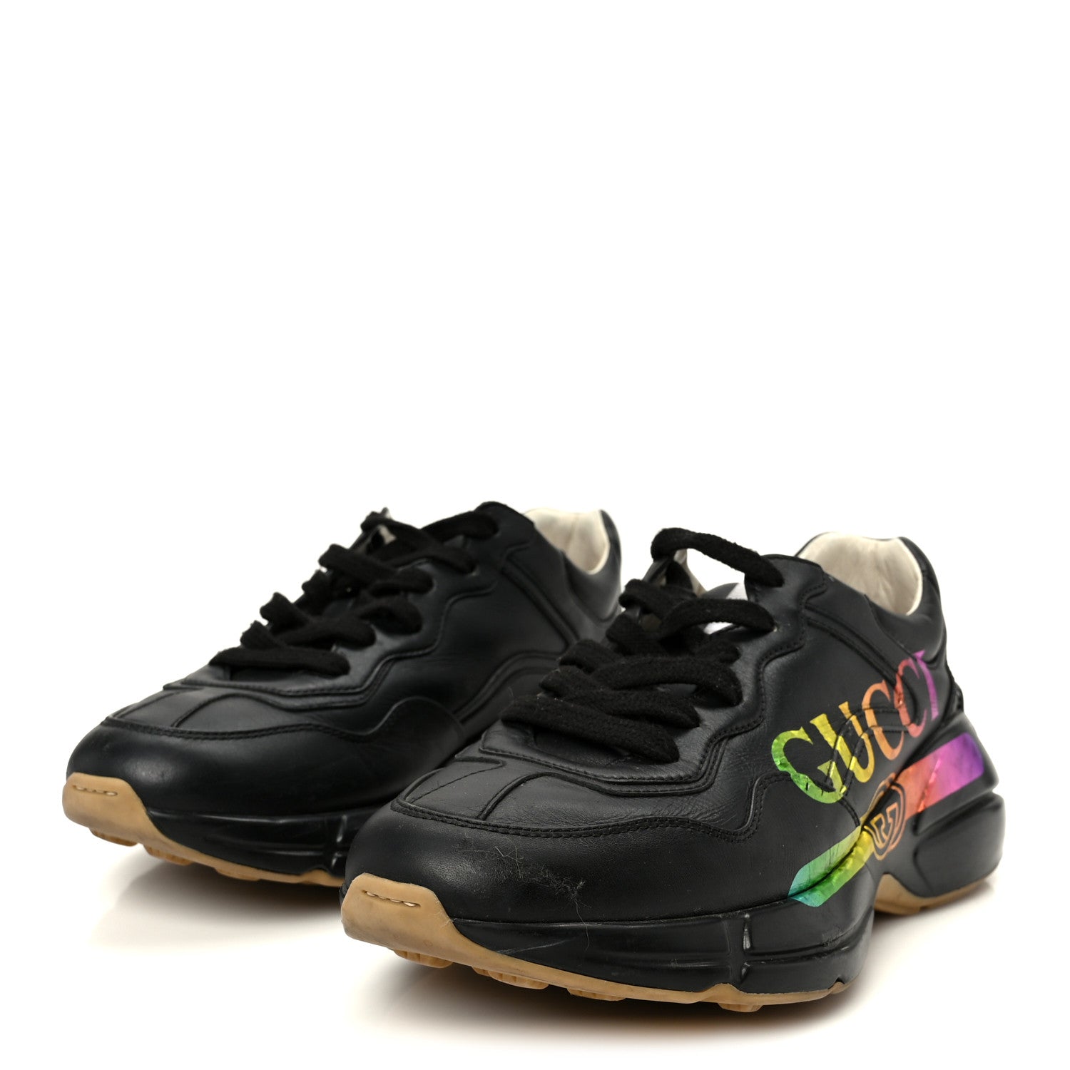 Gucci Calfskin Iridescent Logo Womens Rhyton Sneakers 38 Black
